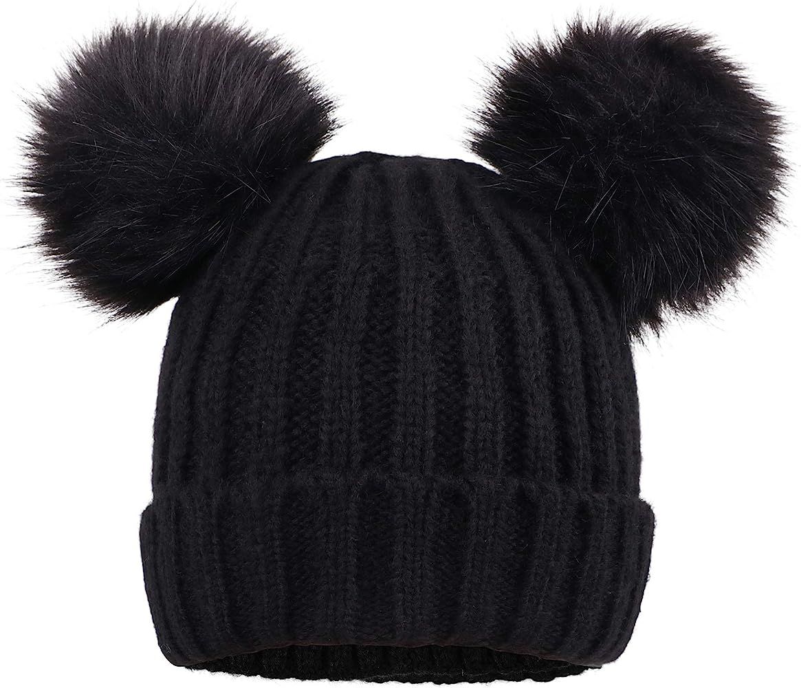 Cable Knit Beanie with Faux Fur Pompom Ears | Amazon (US)