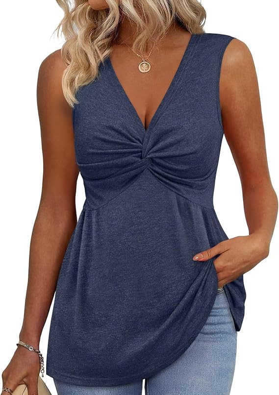 JUSTFASHIONNOW Womens Twist Front Babydoll Tank Tops Summer V Neck Sleeveless Shirts 2026 Dressy ... | Amazon (US)