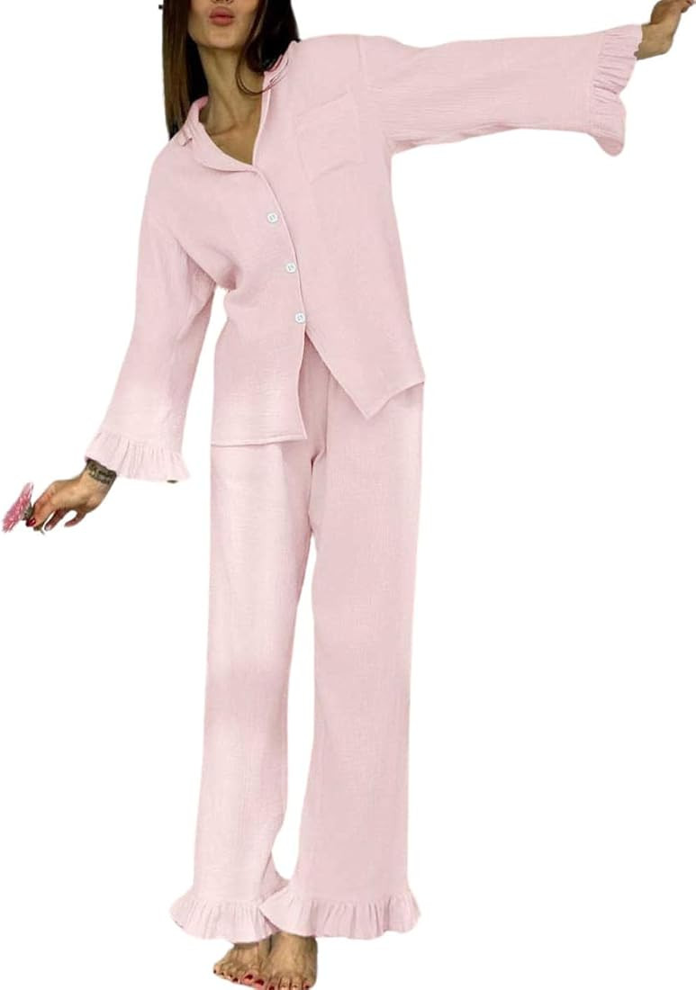 Womens Muslin Pajama Set Cotton Gauze Loungewear 3 Piece Long Sleeve Button Down Sleepwear Ruffle... | Amazon (US)