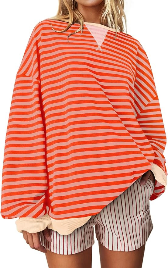 UEU Women Striped Oversized Sweatshirt Color Block Crewneck Long Sleeve Pullover Top Fashion Tren... | Amazon (US)