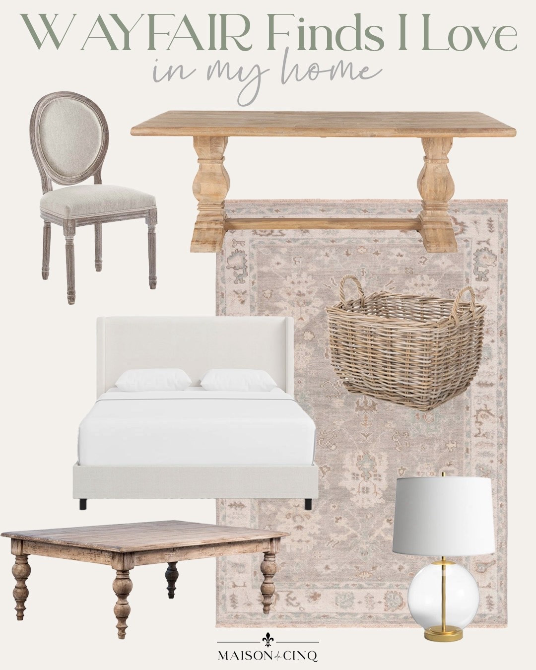 Things I own and love - and all from Wayfair!!

Home decor, French farmhouse, French count y, dining table, bed, headboard, dining chair, basket, area rug 

#LTKSaleAlert #LTKHome