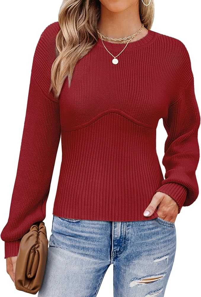 GRACE KARIN Women 2024 Fall Sweaters Crewneck Lantern Long Sleeve Ribbed Knit Pullover Sweaters T... | Amazon (US)