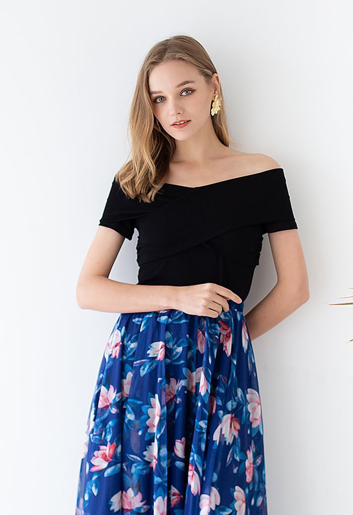 Trendy Cross Off-Shoulder Short Sleeve Top in Black | Chicwish