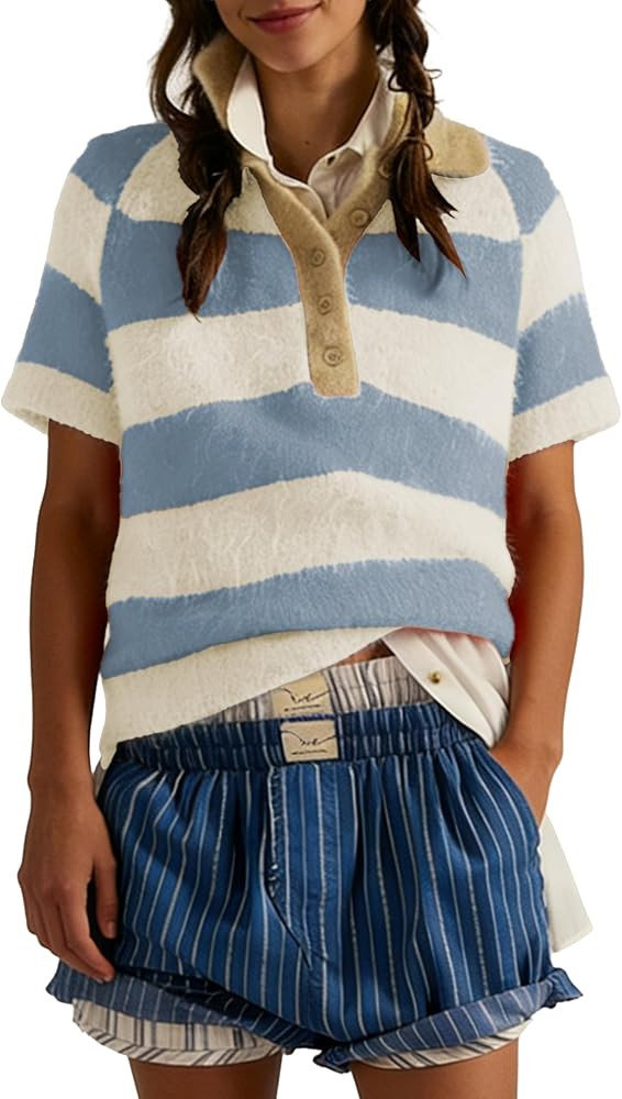 Women's Loose Fit Knit Polo Shirt - Vintage Stripe Top for Casual French Style Cozy Coffee Date &... | Amazon (US)