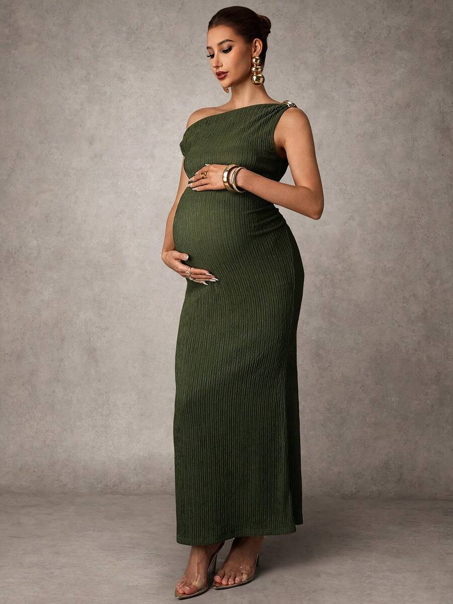 SHEIN MaterniChic Maternity Casual Oblique Shoulder Sleeveless Long Dress Elegant Dresses Baby Sh... | SHEIN