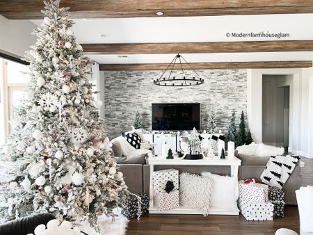 Christmas tree in Livingroom at Modern Farmhouse Glam. 

Use my link and code CYBERMONDAY  for 50% off my tree 
Couch sectional chandelier, wood beams, furniture, home, decor, Christmas ornaments, flocked Christmas tree holiday. 

#LTKsalealert #LTKHoliday #LTKhome