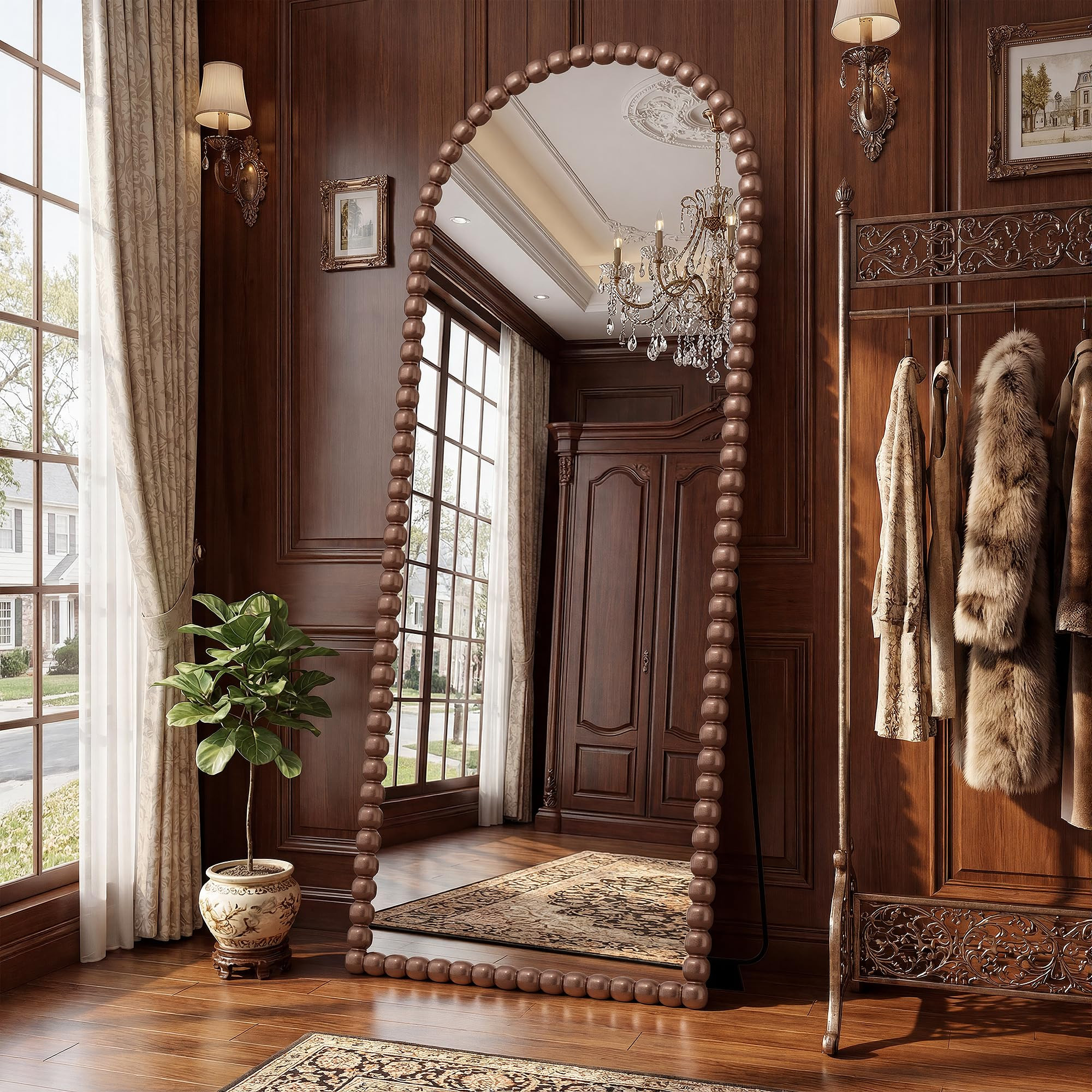 Antok 57" x 21" Arched Full Length Mirror, Antique Beaded Frame Floor Standing or Wall Mounted Mi... | Amazon (US)