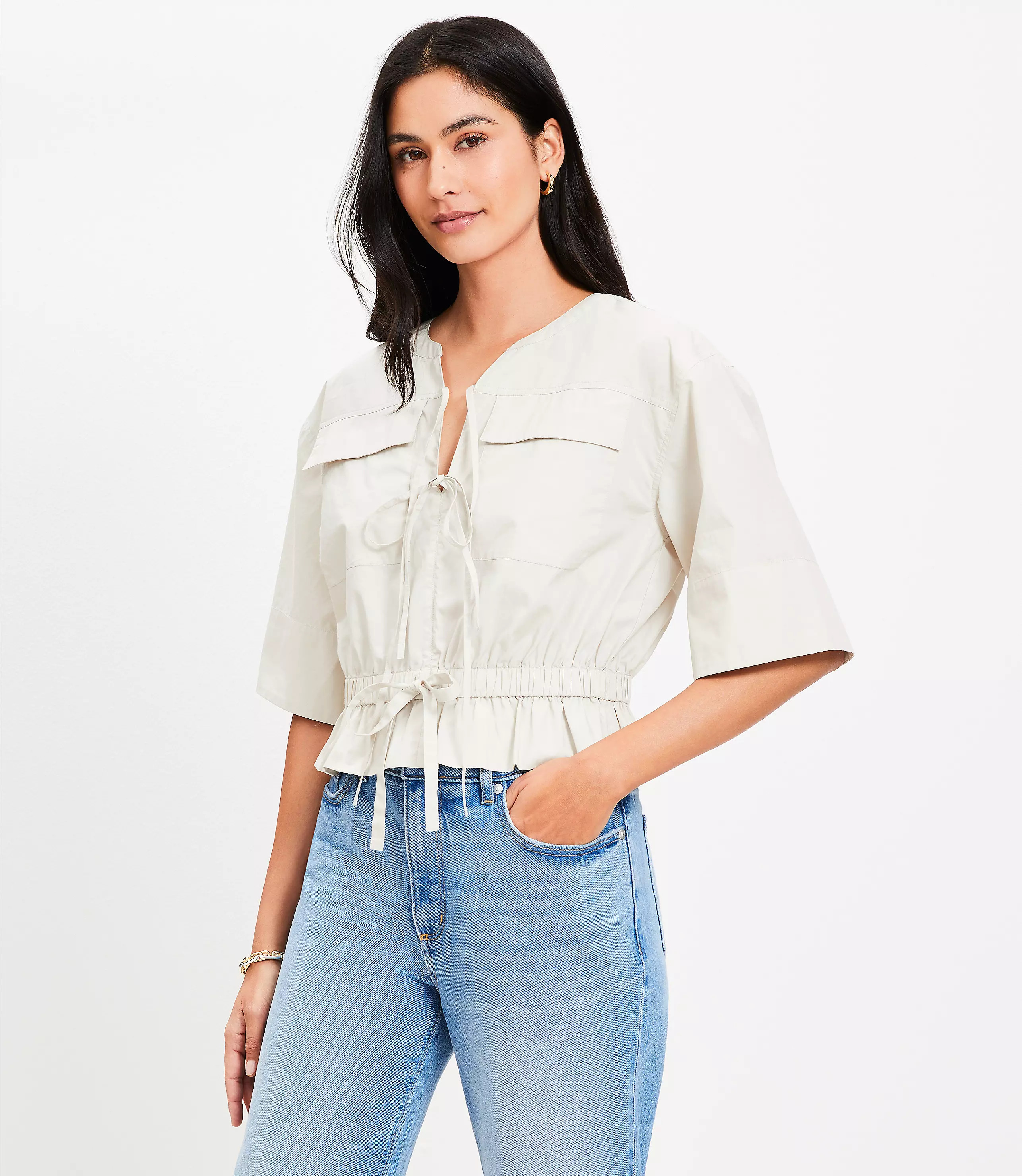 Poplin Safari Peplum Top | LOFT
