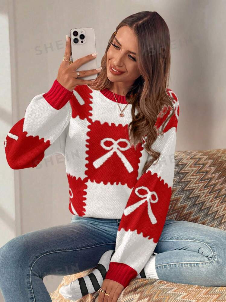 SHEIN LUNE Women's Casual Christmas Bow Patchwork Pattern Dropped Shoulder Loose Pullover Sweater | SHEIN