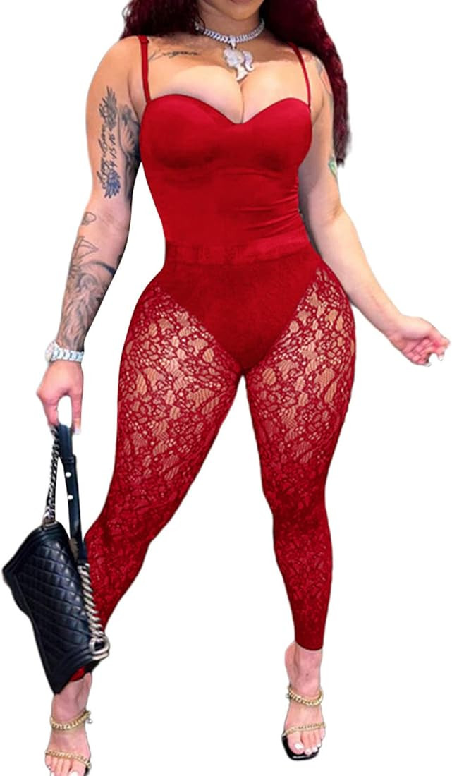 Uni Clau Women Sexy See Through Two Piece Jumpsuits Halter Camisole Bodysuit Sheer Mesh Skinny Pa... | Amazon (US)