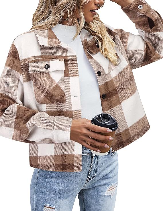 Zeagoo Flannels for Women Cropped Shacket Jacket Fashion Plaid Button Down Shirt 2024 Fall Coat T... | Amazon (US)