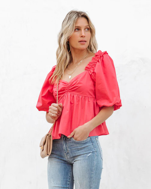 Kenzie Cotton Babydoll Puff Sleeve Top - Coral - SALE | VICI