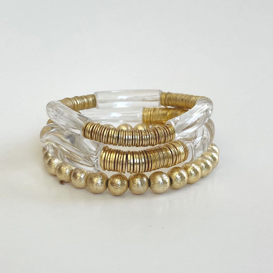 Crystal Stack  // Gold and Acrylic Beaded Tube Bead Bracelets // Boca Acrylic Bangle Bracelet | Etsy (US)