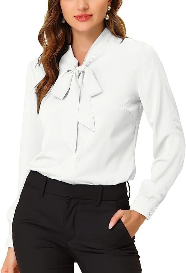 Chigant Women's Casual Blouse Chiffon Shirt Bow Tie Blouses V Neck Tops Long Sleeve Business Tuni... | Amazon (US)