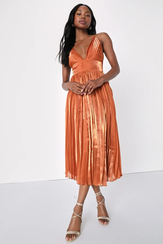 Romantic Rust Orange Pleated Midi Dress | Fall Bridesmaids Dress | Orange Bridesmaid Dress | Guest | Lulus (US)