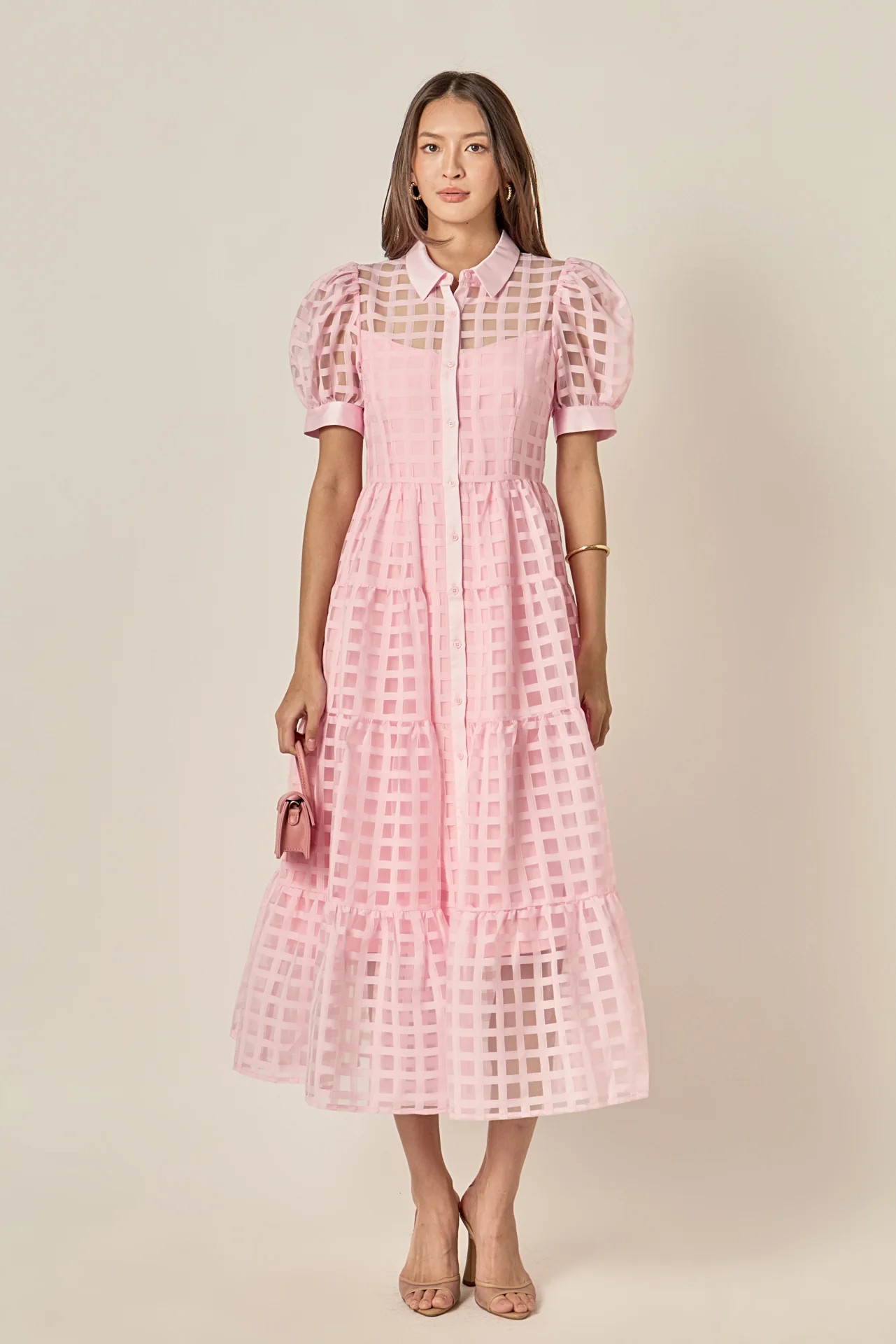Gridded Organza Tiered Maxi Dress | English Factory