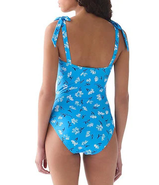 Sketched Blooms Shoulder Bow Tie Shirred Bandeau One Piece Swimsuit | Dillard's