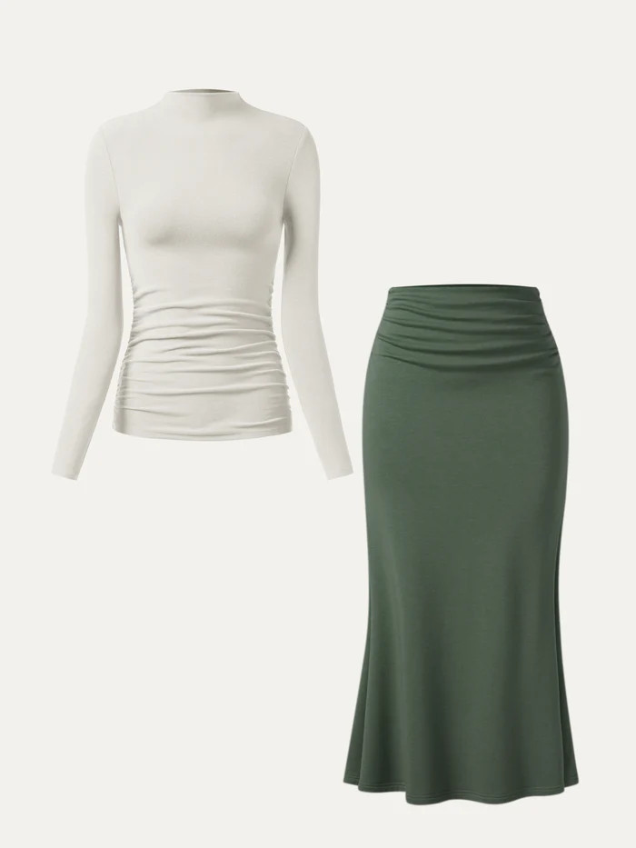 2Pcs Set Ruched Sides Mockneck Top & Mermaid Maxi Skirt | OGLmove