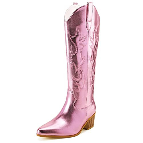 STALOV Metallic Cowboy Boots for Women, Western Embroidery Cowgirl Boots, Pointed Toe Pull-on Knee High Boots | Amazon (US)