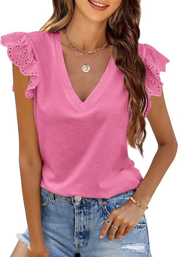AGSEEM Lace Tank Top for Women Loose Fit Casual V Neck Womens Summer Tops Sleeveless Shirts Blous... | Amazon (US)