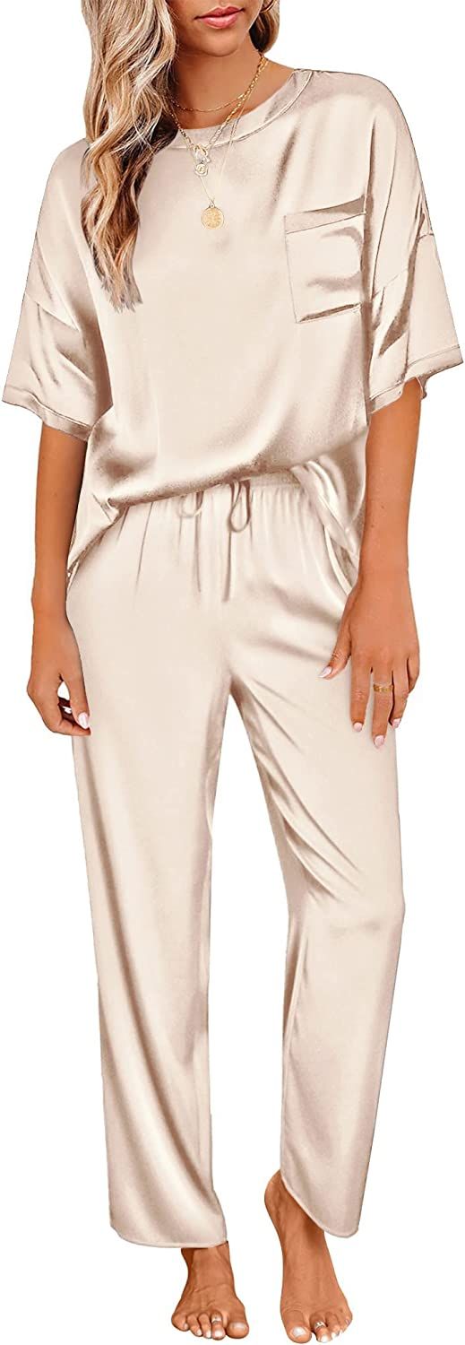 Ekouaer Womens Satin Silky Pajama Set Short Sleeve Shirt with Long Pajama Pant Set ... | Amazon (US)