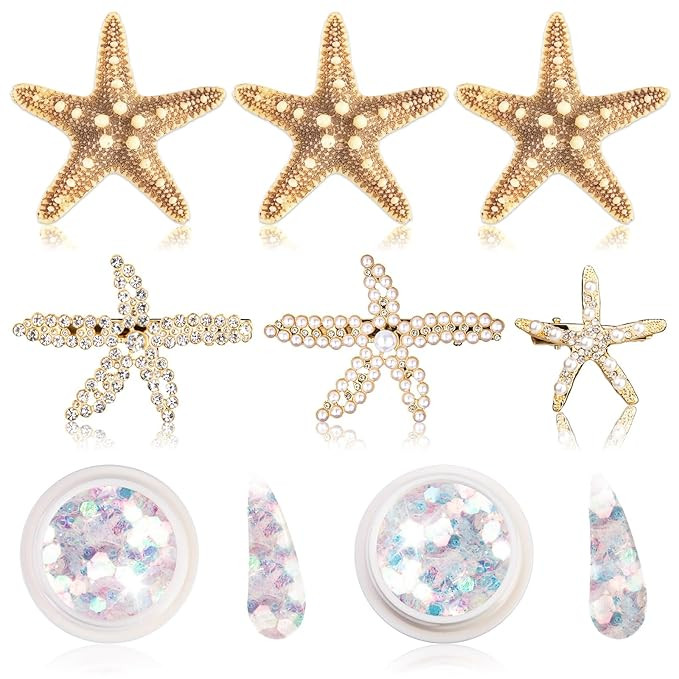 8 Pcs Starfish Hair Clips with Face Body Glitter seashell hair clip for Women Girls Wedding Cospl... | Amazon (US)