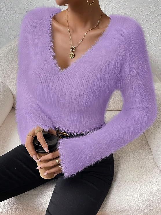 SweatyRocks Women's Fuzzy Fleece Long Sleeve V Neck Crop Sweater Casual Plain Slim Fit Warm Knitw... | Amazon (US)