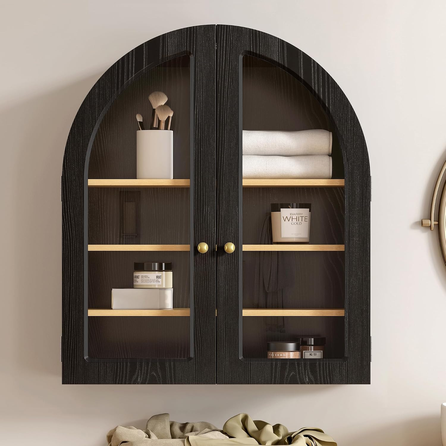Arched Wall Cabinet, Large Bathroom Medicine Cabinet Wall Mounted Cupboard, Modern Floating Storage Cabinet with Acrylic Door Adjustable Shelf, Wood Organizer (Black-Oak) | Amazon (US)