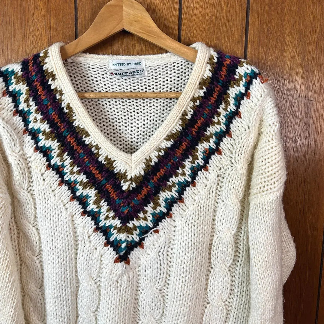Vintage Currants Hand Knit Cream Cable Knit Fair Isle V Neck Sweater Cottage | Etsy (US)