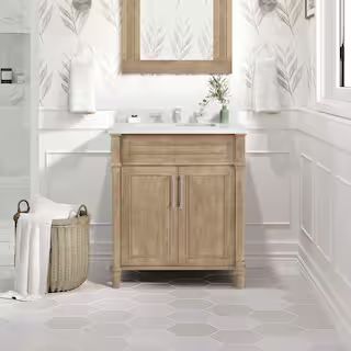 Home Decorators Collection Aberdeen 30 in. Single Sink Freestanding Antique Oak Bath Vanity with ... | The Home Depot