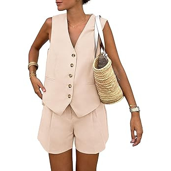 PRETTYGARDEN Women's Summer 2 Piece Outfits Sleeveless Matching Sets Button Down V Neck Vest Wais... | Amazon (US)
