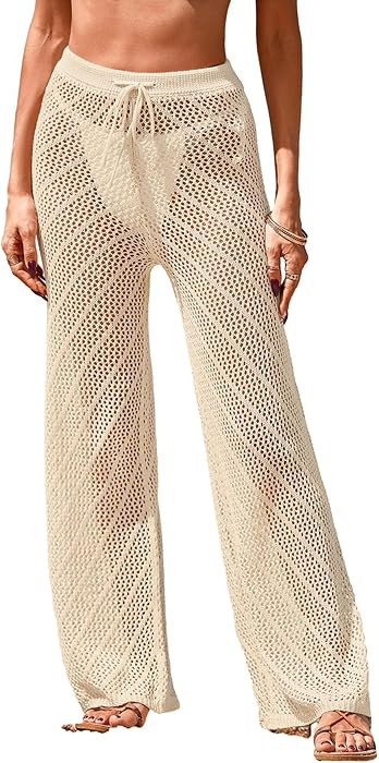 Womens Crochet Knit Elastic Waist Swimsuit Coverup Summer 2026 Striped Beach Bathing Suit Cover U... | Amazon (US)