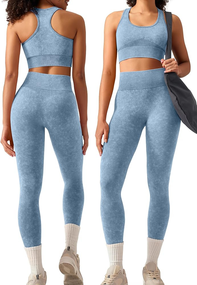 OLCHEE Womens Workout Sets 2 Piece - Acid Wash Seamless Yoga Outfits High Waist Leggings Padded R... | Amazon (US)