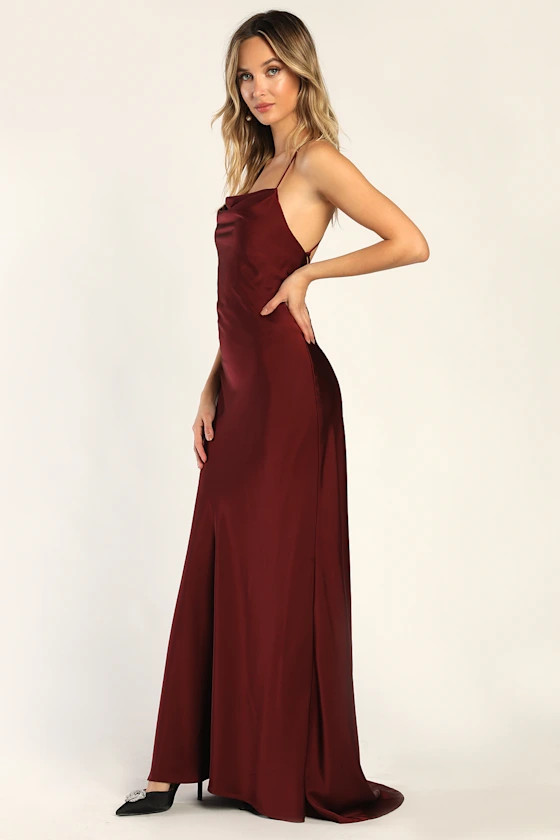 Connected At Heart Wine Satin Cowl Neck Lace-Up Maxi Dress | Lulus (US)