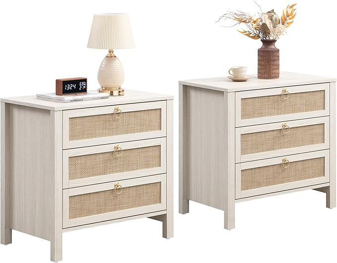 SICOTAS Nightstand Set of 2 with Drawers, Rattan Nightstands, Large Modern Boho Night Stand Wide ... | Amazon (US)