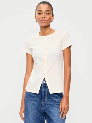 Short-Sleeve Ribbed Button-Down Top | Old Navy (US)