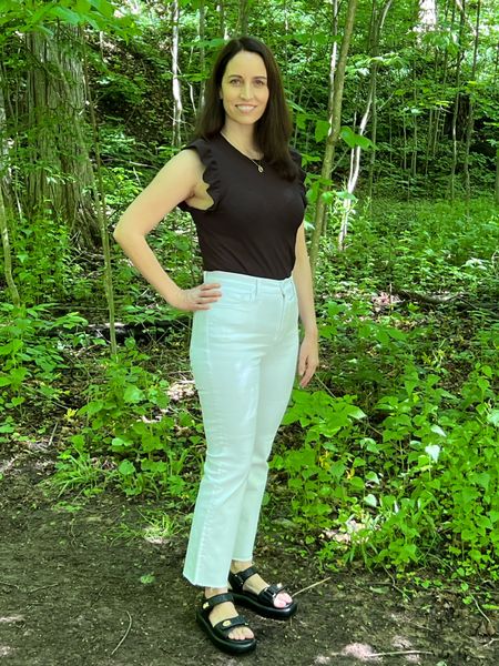 The perfect jeans.  These high waisted jeans have stretch and also hold and are very comfortable.  I love this cute top and shoes too!  

I’m also wearing my every day and every occasion investment piece gold hoop earrings .

I am wearing size 28 in jeans and S in the top.

#LTKstyletip #LTKcanada #LTKsummer