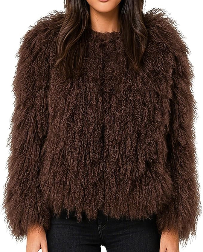 LVCOMEFF Women Real Mongolian Fur Coat Fur Jacket Long Sleeve Shaggy Outwear Premium Warm Winter | Amazon (US)