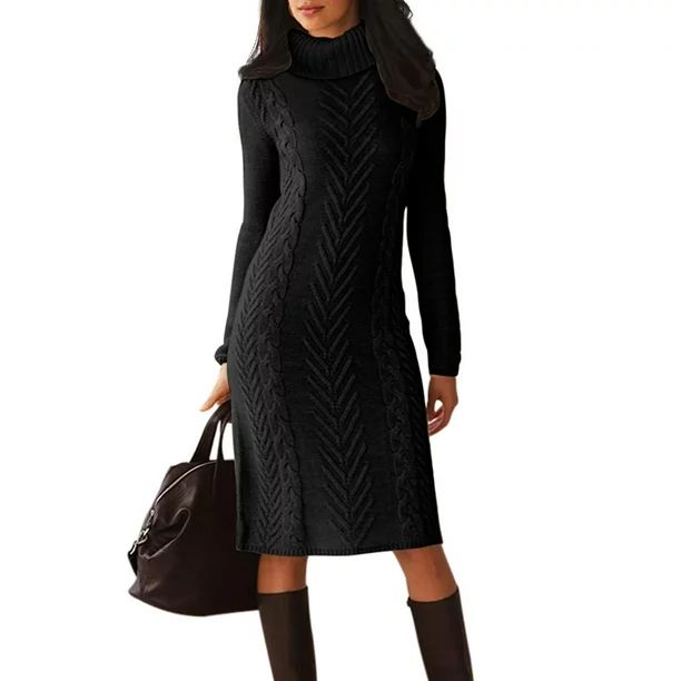 Dearlove Women's Ribbed Cable Knit Texture Turtleneck Midi Sweater Dress Solid Color Knee Length ... | Walmart (US)