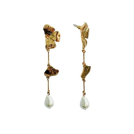 Time and Tru Etched Flower Linear Gold with Pearl Fashion Earrings | Walmart (US)