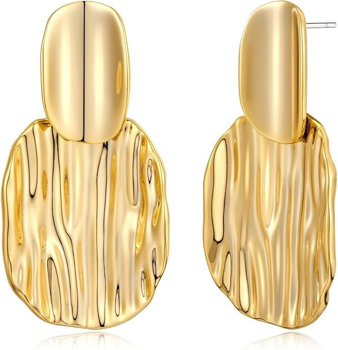 Chunky Gold Earrings for Women - Hammered Gold Plated Dangle Drop Jewelry Gifts | Amazon (US)