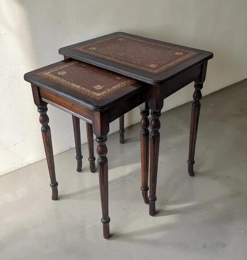 Vintage French Gold Bron Leather Top Nesting Tables Set of 2, Mahogany Nest of Tables | Etsy (Global)