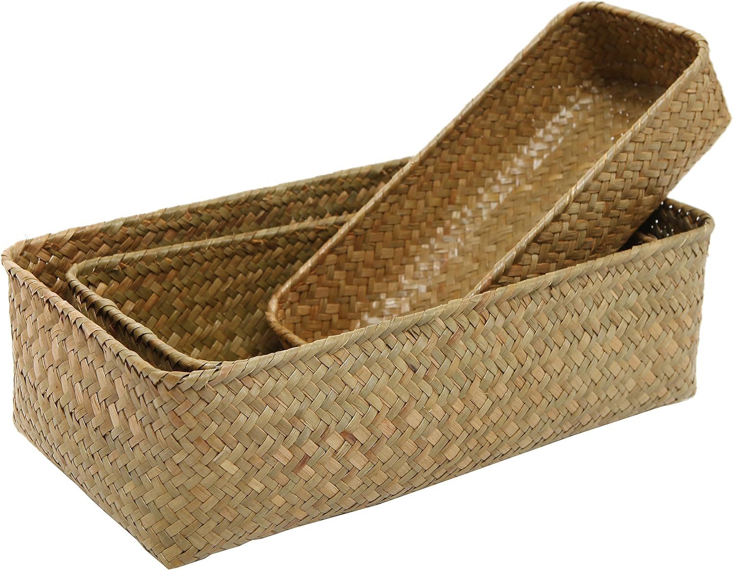 MyGift Medium Handwoven Natural Seagrass Woven Storage Basket, Rectangular Home Organizer Bins, 3... | Amazon (US)