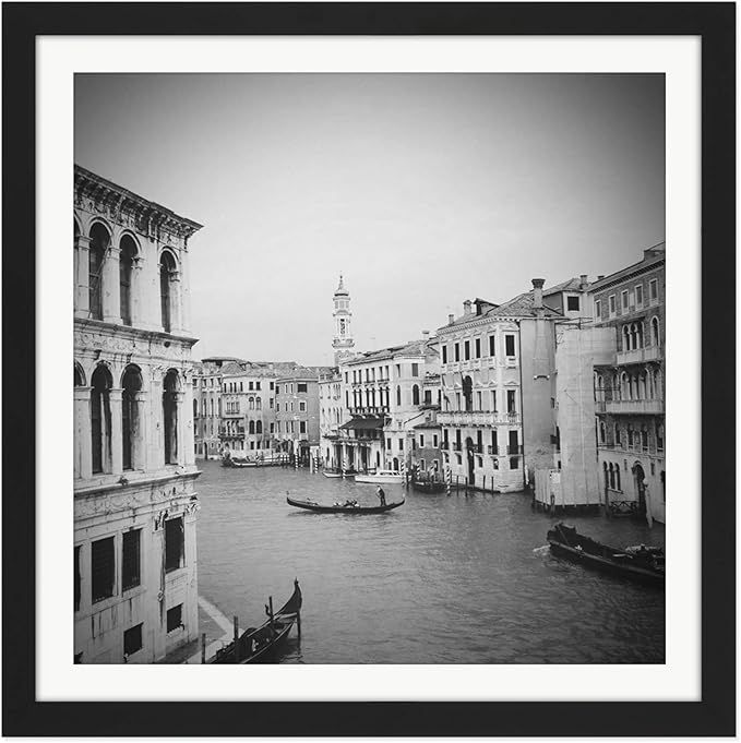 Venice Canal Gondola Black White Photo Square Wooden Framed Wall Art Print Picture 16X16 Inch | Amazon (US)