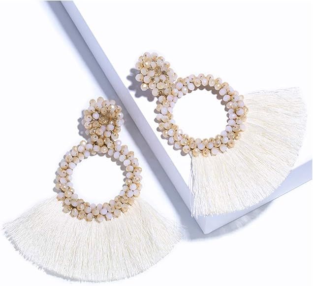 Hoop Tassel Earrings for Women - Statement Handmade Beaded Fringe Dangle Earrings, Idea Gift for ... | Amazon (US)