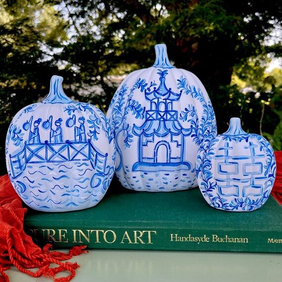 Blue and white Chinoiserie Pumpkin set Hand Painted Ceramic | Etsy | Etsy (US)