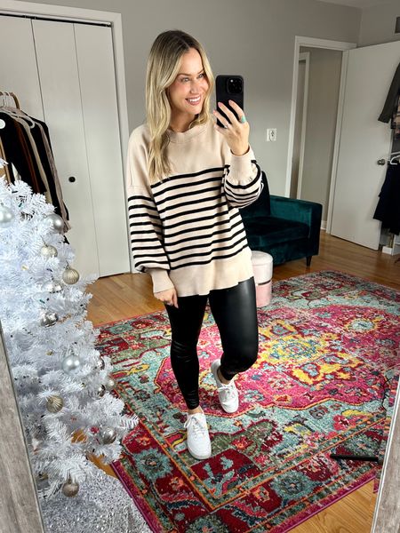 Outfit ideas / oversized sweater, faux leather leggings and white sneakers / amazon fashion / casual outfits / 

#LTKunder50 #LTKstyletip #LTKshoecrush