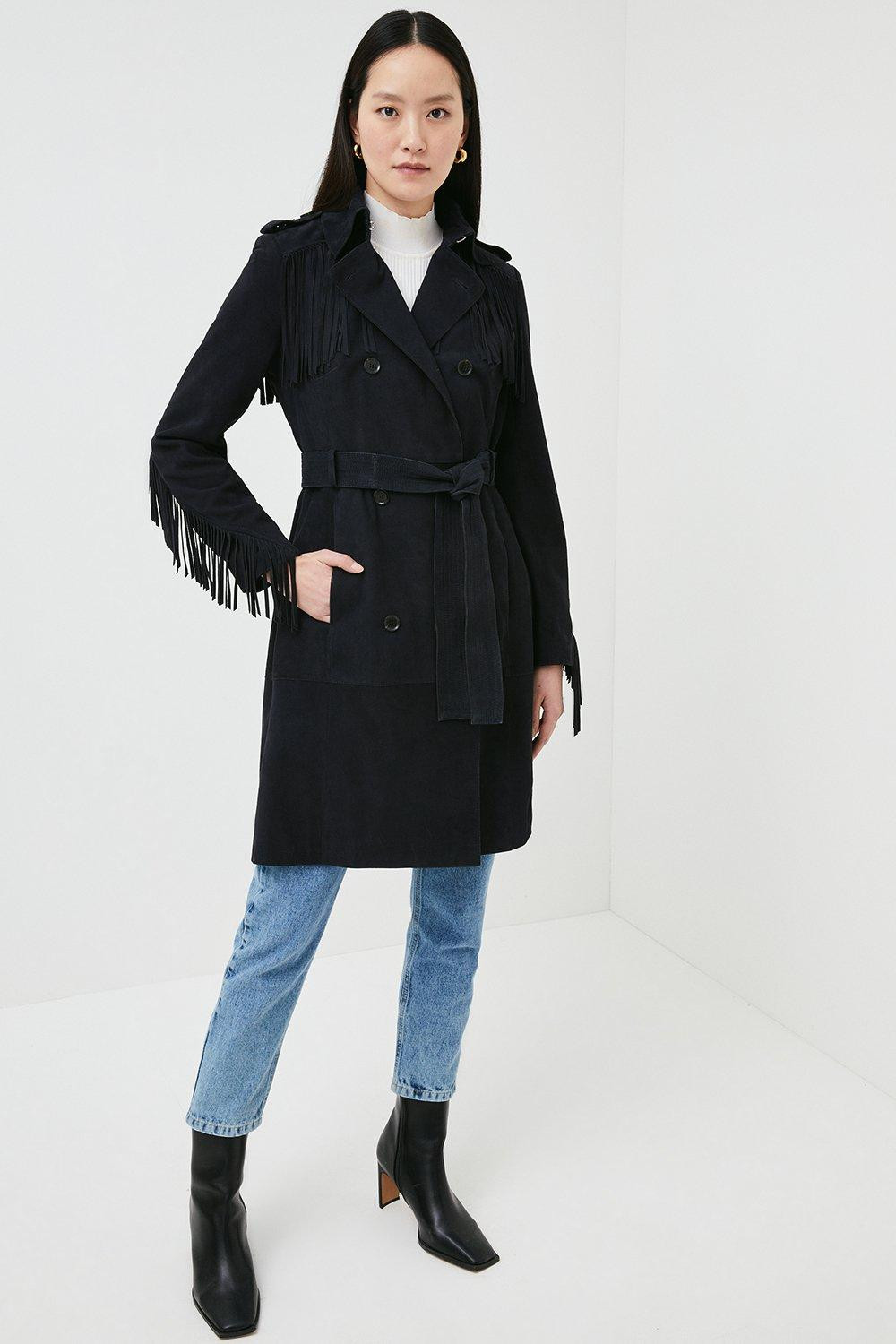 Suede Tassle Detail Trench Coat | Karen Millen UK & IE
