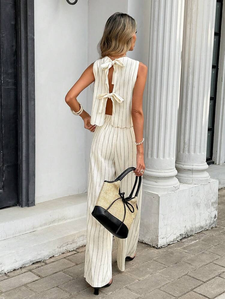 Serisse Women's Elegant Summer Striped Backless Sleeveless Tie-Up Top And Wide Leg Pants 2-Piece Set,Off-White Vacation Holiday Boho Outfits,Casual Commute | SHEIN