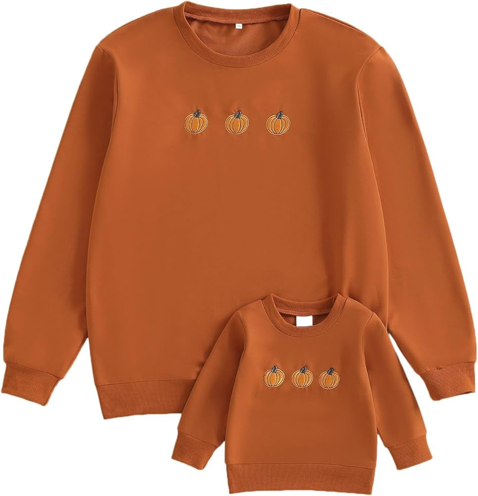 Halloween Mommy and Me Outfit Pumpkin Embroidered Long Sleeve Crewneck Sweatshirts Pullover Top | Amazon (US)
